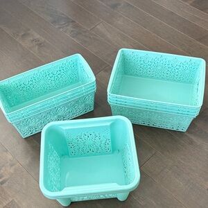 Aqua Storage Basket Set, Lace Detail Plastic Tote Organization Home Decor Pastel
